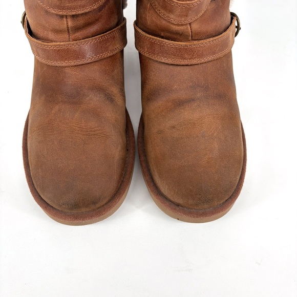 UGG | Becket Leather & Shearling Mid Calf Buckled Boots in Chestnut | Sz 9 - Picture 6 of 14